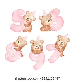 A set of cute Birthday teddy bear wearing a party hat with pink numbers,Number 5, 6, 7, 8, 9. Adorable watercolor illustration Perfect for birthdays, nursery, greeting card.