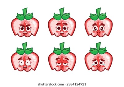 Set of cute bitten strawberries with facial expressions. Bitten and cut strawberry with angry, surprised, sad, scared, serious, and crying expressions.