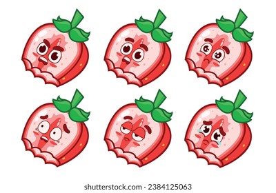 Set of cute bitten strawberries with facial expressions. Bitten strawberry with angry, surprised, sad, scared, serious, and crying expressions