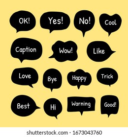 set of cute black bubble speech with short message on yellow background, hand drawn sticker for chat symbol