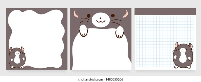 set of Cute Black Campbell's dwarf hamster in cartoon style memo pad. 2x2 inch. Cute post it.