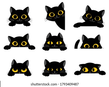 Set of cute black cartoon cats silhouettes with yellow eyes showing assorted expressions and looking round corners isolated on white, colored vector illustration