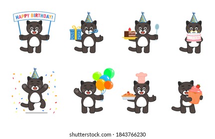 Conjunto de lindos personajes de gatos negros que muestran varias acciones de fiesta de cumpleaños. Alegre mascota de gatos negros sosteniendo caja de regalo, pastel, pancarta, celebrando y mostrando otras acciones. Conjunto de ilustraciones de vectores