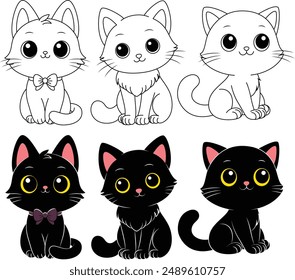 Set of Cute Black Cat Colouring, Halloween Outline Coloring Page