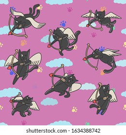 Set of cute black cat flying and aiming his arrow, valentines day, doodle, drawing, icons