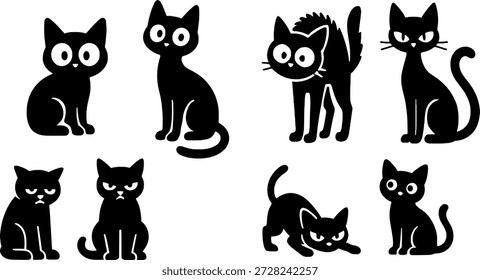 Set of cute black cat silhouettes in various expressive poses, vector icons.