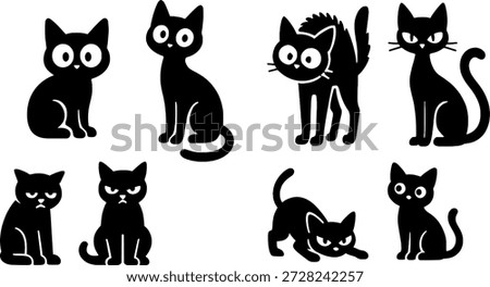 Set of cute black cat silhouettes in various expressive poses, vector icons.