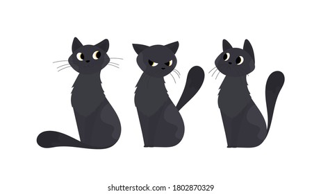 A set of Cute black cat. Suitable for stickers and postcards. Isolated. Vector.