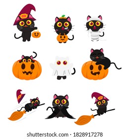 Set of Cute Black Cat Wearing Costume Mummy,Ghost,Vampire and jack-o-lantern. Riding Broomstick. Hide in the jack-o-lantern, Carrying jack-o-lantern, sit on jack-o-lantern vector Illustration