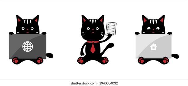 Set of cute black cats behind a laptop and with a test on a white isolated background.