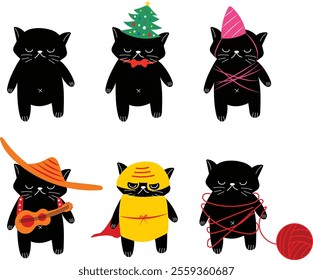 Set of cute black cats. Christmas, superhero, birthday. Can be used for stickers or for some kid book.