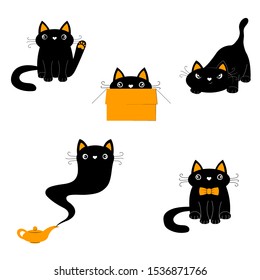 Set of cute black cats in different poses. Vector cartoon illustrations. Isolated objects on a white background.