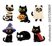 Set of cute black cats in Halloween costumes: mummy, ghost, witch, vampire, zombie, sleeping. Fun cartoon style vector for kids, autumn holidays, party decor, stickers, cards, and prints