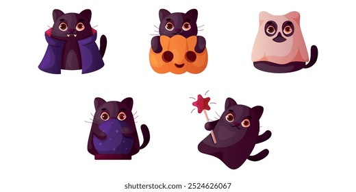 Set of cute black cats in halloween costumes. Cat in pumpkin, in vampire costume, creepy ghost , witch with magic ball and star. Holidays cartoon kids character. Scary autumn animal monsters in pose