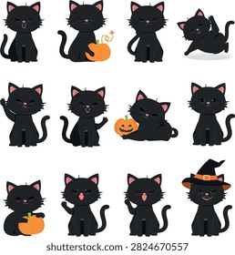 Set of cute black cats for halloween celebration with halloween, blackcat