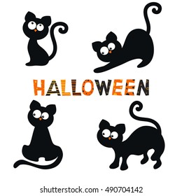 Set of cute black cats. Halloween theme.