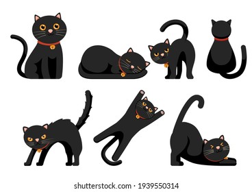Set of Cute Black Cats Set Isolated on White Background. Funny Cartoon Animal Characters svg