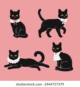 Conjunto de lindos gatos negros en lujosos collares blancos. Vector gráfico.