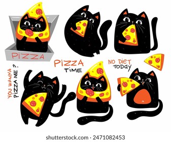 Set of cute black cats with pizza, character having food, perfect stickers, badges and other