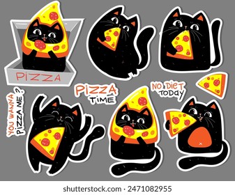 Set of cute black cats with pizza, character having food, perfect stickers, badges and other