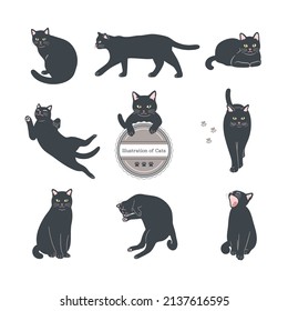 A set of cute black cats in the style of handwritten illustrations. Flat color simple style design.