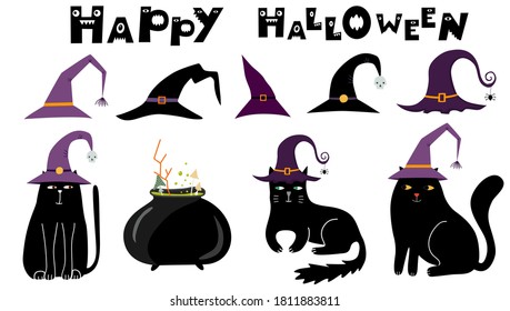 Set of cute black cats in witch hats. Spooky pets. Collection of purple and black witch hats, cauldron with potion. Happy Halloween text. Vector illustration isolated on white. Cartoon flat design. 