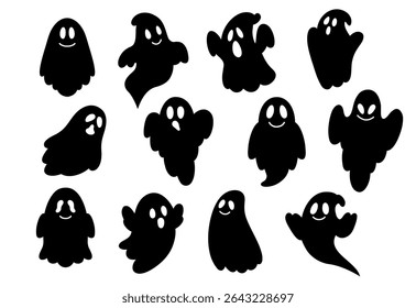 Set of cute black  ghosts in doodle style on white background.