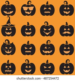 Set of cute black Halloween pumpkin icons