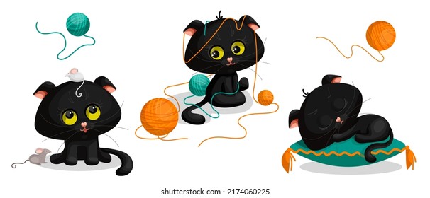 Set of cute black kittens. Playful pet plays with yarn, sleeps, watches the mouse. Cartoon vector graphics.