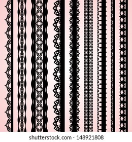 A set of cute black lace ribbons on a pink background. Vector illustration