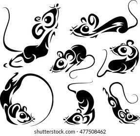 Set of cute black mice. Vector illustrations.