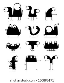 Set of cute black monsters isolated on white. vector