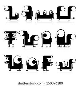 Set of cute black monsters isolated on white. vector