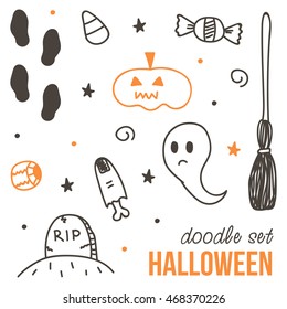 Set of cute black and orange halloween doodles isolated on white background.