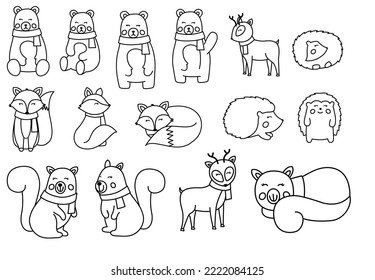 Set of cute black outline animals vector. Woodland animal.