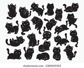 Set of cute black playful cats. Collection of silhouette small playful kittens in different poses. Funny pet. Cartoon halloween animal.Vector illustration isolated on white background.