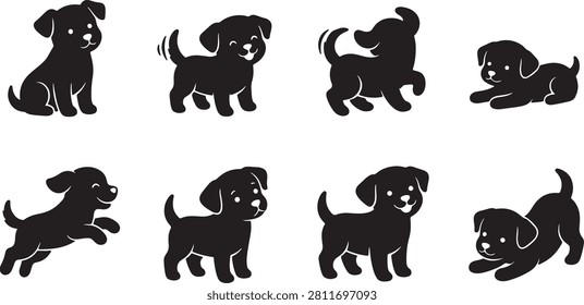 Set of cute black puppy dog silhouettes in different funny poses and playful action moves