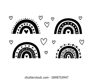 Set of cute black Scandinavian rainbows with hearts for nursery posters, children arts, boho cards, baby shower, textile isolated on white background.