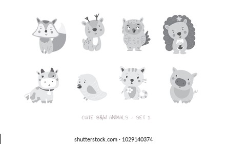 Set of cute black and white animals