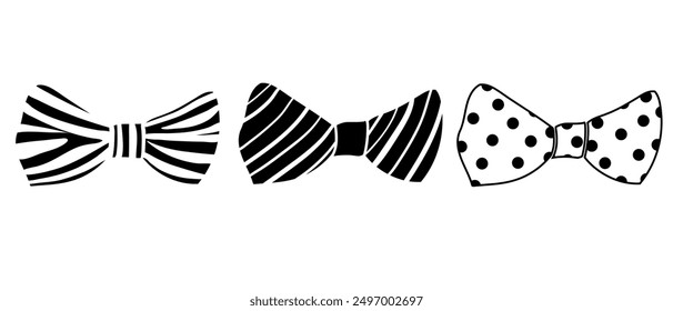 Set of cute black and white bow ties isolated on white. Vector illustration of a set of bows in flat style.