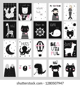 Set of cute black and white cards in nordic style. Vector hand drawn illustration.