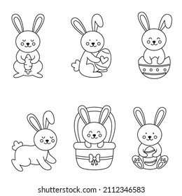 Set of cute black and white Easter bunnies in cartoon style on white background.