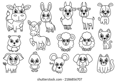 Set of cute black and white farm animals in a cartoon style for laser cut or print