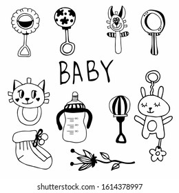 Set of cute, black and white hand-drawn children's toys and rattles, bottles and socks, isolated vector on a white background. flat illustration, logos icons for children's products.