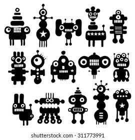 Set of cute black and white monsters. Vector illustration.