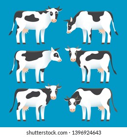 Set of cute black and white spotted cows isolated on blue background, farm animal, livestock, vector illustration flat style