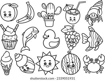 Set of cute black and white summer fruits, food and sea animals on white background.