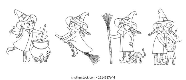 Set of cute black and white vector witches. Halloween characters icons collection. Funny autumn all saints eve coloring page with girl on a broom, with cauldron, cat, magic ball. 
