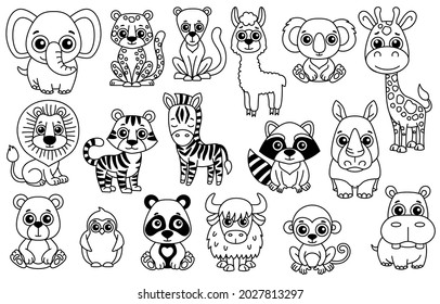 Set of cute black and white Zoo animals in a cartoon style