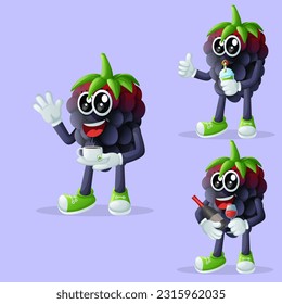 Set of cute blackberry characters enjoying beverages. Perfect for kids, merchandise and sticker, banner promotion or blog
